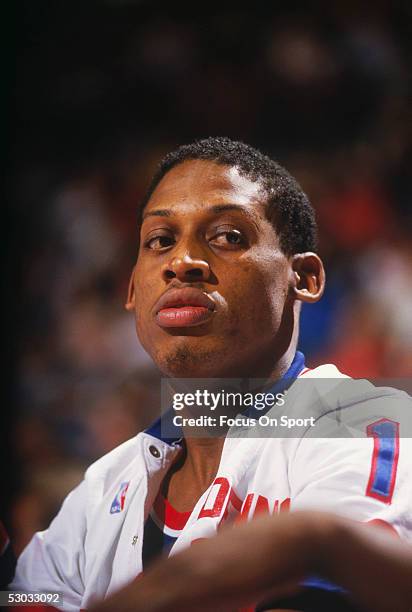 Detroit Pistons' forward Dennis Rodman sits on the sidelines during a game. NOTE TO USER: User expressly acknowledges and agrees that, by downloading...