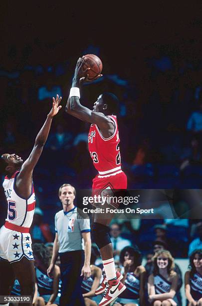 Chicago Bulls' forward Michael Jordan makes a jumpshot during a game against the Washington Bullets at Capital Centre circa 1985 in Washington, D.C.....