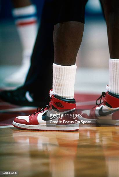 Detail of the "Air Jordan" Nike shoes worn by Chicago Bulls' center Michael Jordan during a game against the Washington Bullets at Capital Centre...