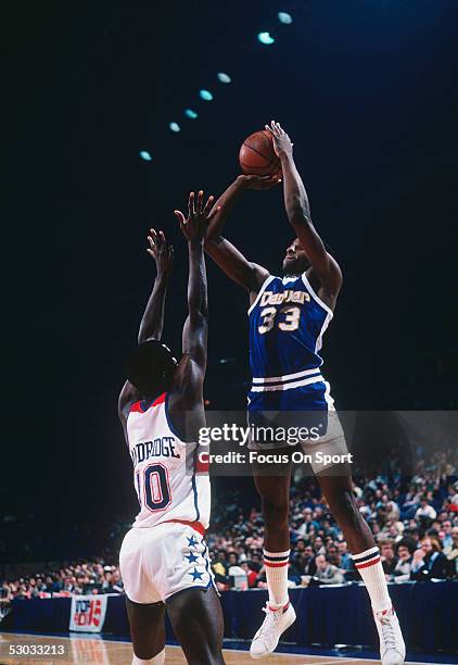 Denver Nuggets' David Thompson makes a jumpshot from the corner during a game against the Washington Bullets at Capital Centre circa 1977 in...