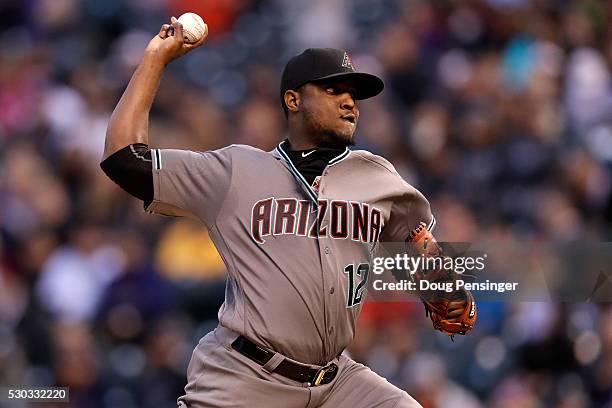 Starting pitcher Rubby De La Rosa of the Arizona Diamondbacks delivers against the Colorado Rockies as he earned the win at Coors Field on May 10,...