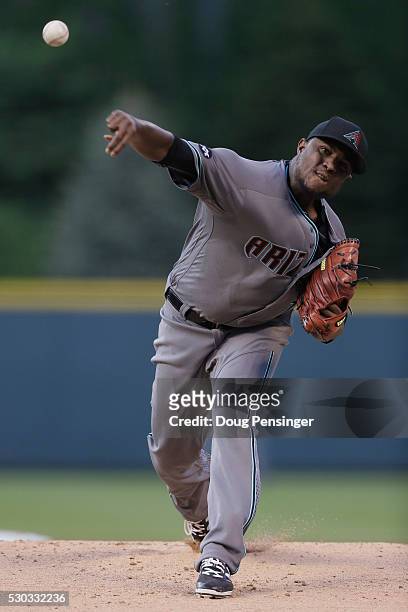Starting pitcher Rubby De La Rosa of the Arizona Diamondbacks delivers against the Colorado Rockies as he earned the win at Coors Field on May 10,...