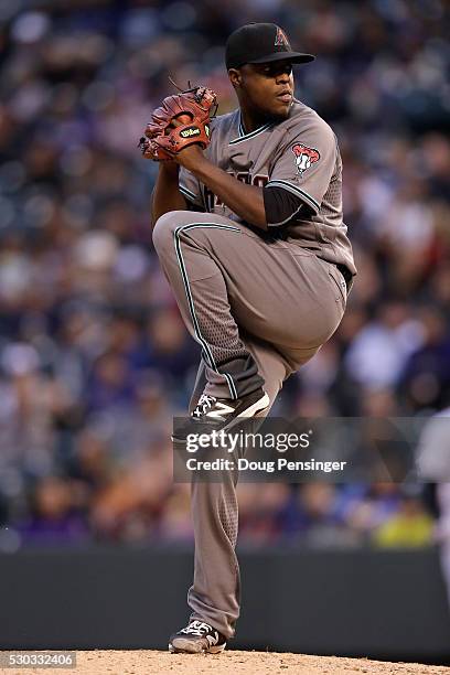 Starting pitcher Rubby De La Rosa of the Arizona Diamondbacks delivers against the Colorado Rockies as he earned the win at Coors Field on May 10,...