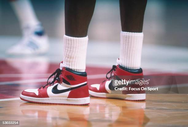 Detail of the "Air Jordan" Nike shoes worn by Chicago Bulls' center Michael Jordan during a game against the Washington Bullets at Capital Centre...