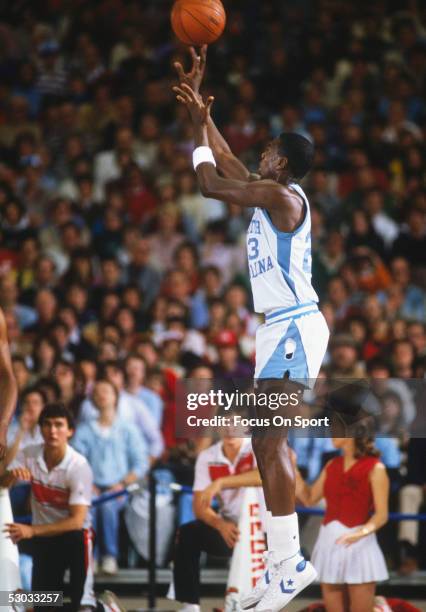 University of North Carolina's Michael Jordan makes a jumpshot during his college career at North Carolina.