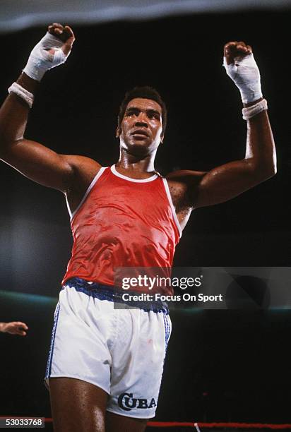 Cuba's Teofilo Stevenson reacts after winning a bout against the USA.