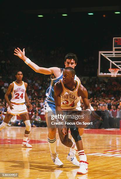 University of Maryland's Len Bias dribbles the ball downcourt during his college days with Maryland.