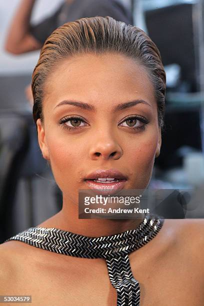 Model Eva Pigford, winner of America's Next Top Model, working behind the scenes during a photo shoot for CoverGirl's new mascara on February 18,...