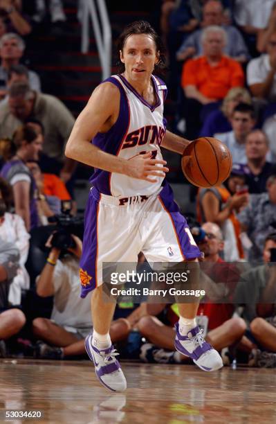 Steve Nash of the Phoenix Suns moves the ball in Game five of the Western Conference Finals with the San Antonio Spurs during the 2005 NBA Playoffs...