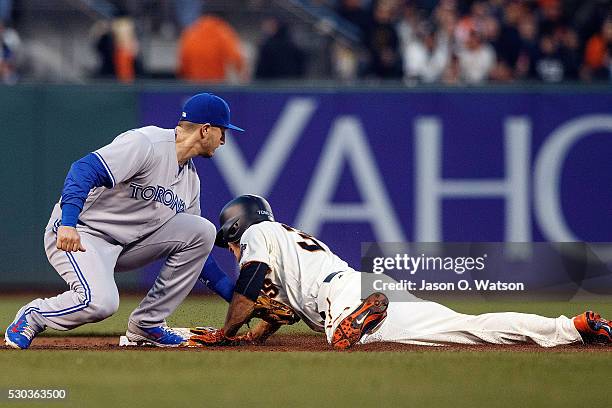 Kelby Tomlinson of the San Francisco Giants is tagged attempting to steal second base by Troy Tulowitzki of the Toronto Blue Jays during the third...