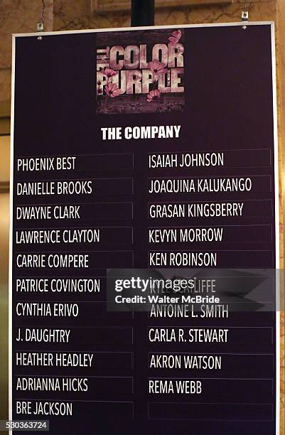 Lobby cast board for Heather Headley taking her first curtain call in 'The Color Purple' at the Bernard B. Jacobs Theatre on May 10, 2016 in New York...
