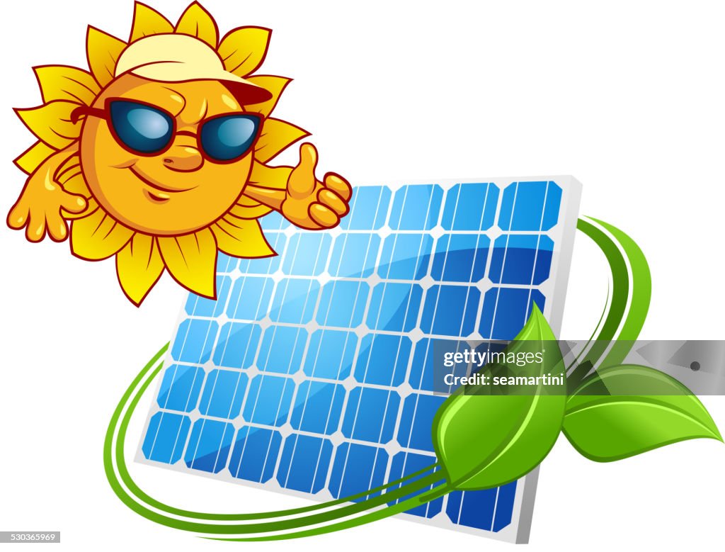 Concepto De La Energía Solar Con Dibujos Animados De Sol Y Panel Solar  Ilustración de stock - Getty Images