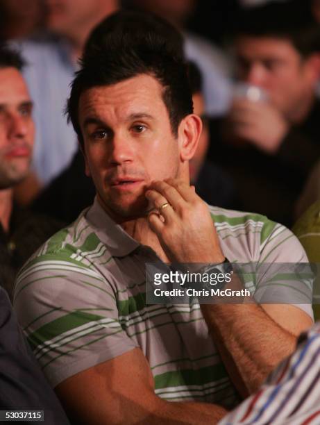 Footy Show co-host and former Rugby League player Matthew Johns watches on prior to the start of the WBA super middleweight title fight between...
