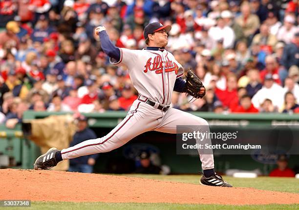 Matt Childers of the Atlanta Braves pitches against the Boston Red Sox at Fenway Park on May 22, 2005 in Boston, Massachusetts. The Red Sox won the...