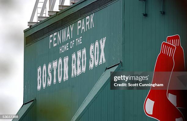 Sign outside Fenway Park is shown during the Boston Red Sox game against the Atlanta Braves on May 22, 2005 in Boston, Massachusetts. The Red Sox won...