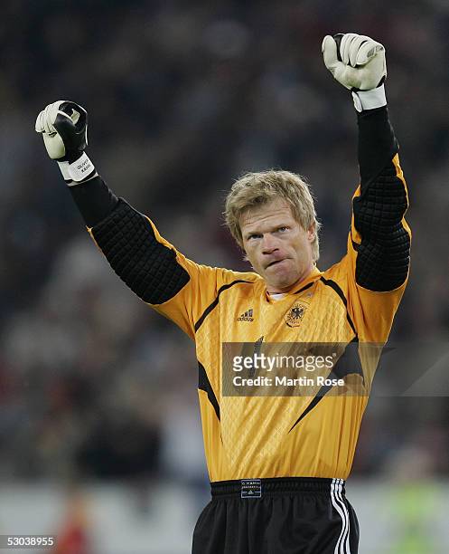 Oliver Kahn goalkeeper of Germany celebrates scoring the second during the friendly match between Germany and Russia on June 8, 2005 in...