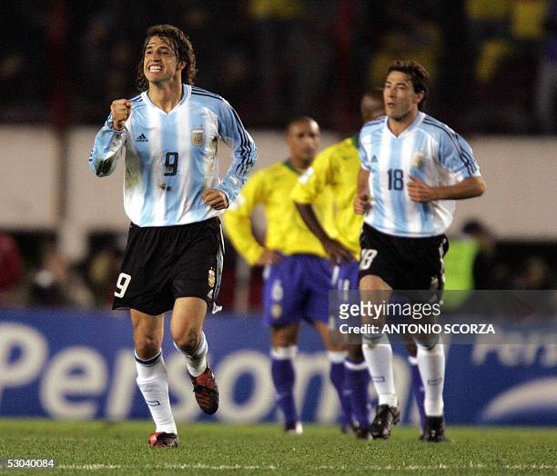 Argentine soccer striker Hernan Crespo celebrates after scoring the third goal of Argentina against Brazil 08 June, 2005 during their Germany 2006...