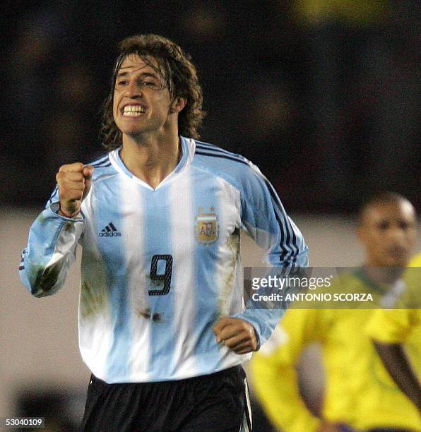 Argentine striker Hernan Crespo celebrates his goal against Brazil, the third of his team, 08 June 2005 during their FIFA World Cup Germany 2006...