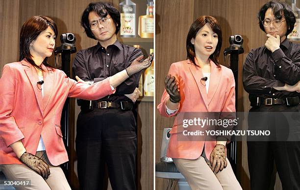 This combo picture shows Japan's Osaka University professor Hiroshi Ishiguro checks a humanoid robot 'Actroid Repliee', that looks exactly like a...