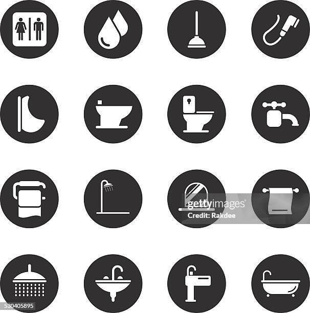 bath and bathroom icons - black circle series - shower man woman washing stock illustrations