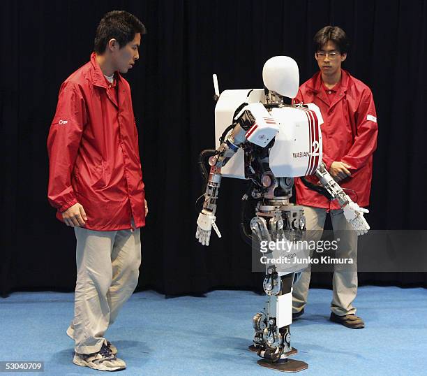 Wabian-2, a humanoid robot , flexes its legs during a demonstration at the Prototype Robot Exhibition at the 2005 World Exposition on June 9, 2005 in...