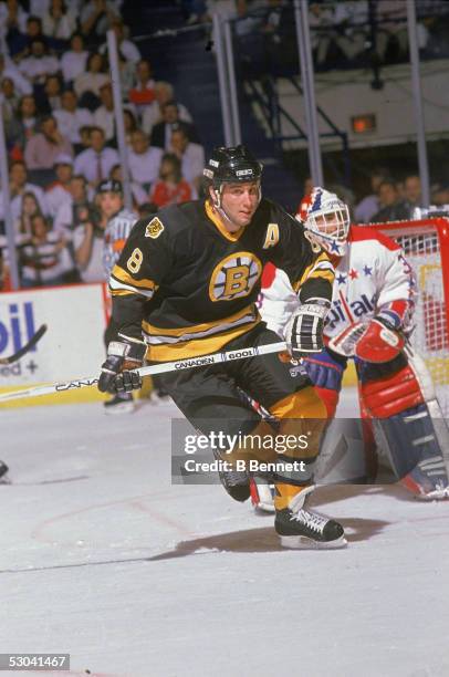 Canadian hockey player Cam Neely of the Boston Bruins skates in front of the net during a game against the Washington Capitals, Landover, Maryland,...