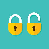 Lock open and closed vector icons isolated on blue background