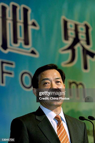 Chinese Commerce Minister Bo Xilai speaks during the Forum on World Trade in Services on June 9, 2005 in Shanghai, China. The two-day forum will...