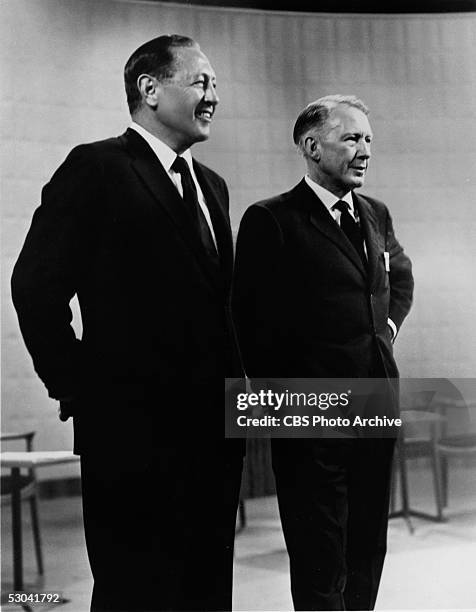 American businessmen and television executives, CBS Chairman William S. Paley and CBS President Dr. Frank Stanton, stand on set of the Kennedy-Nixon...