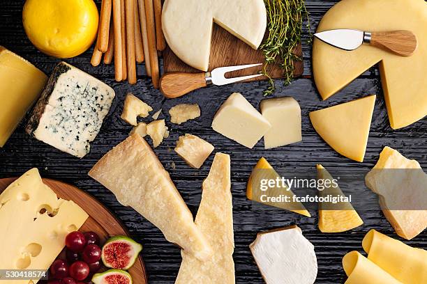 cheeses selection - parmesan cheese overhead stock pictures, royalty-free photos & images