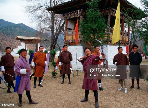 Archery contest with high-technology bows and arrows. Archery is Bhutan's national sport.