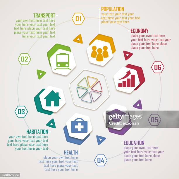 hexagonal shape infographic elements - isometric circle arrow stock illustrations