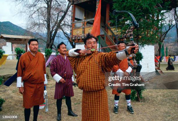 Archers competing at archery festival in Paro, Bhutan.