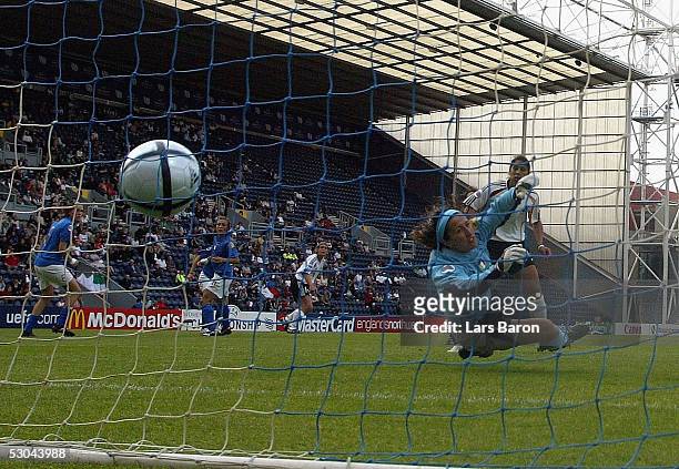 Stephanie Jones of Germany scores the third goal during the UEFA Women's EURO 2005 match between Italy and Germany on June 9, 2005 in Preston, United...