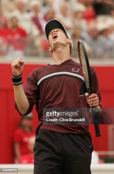 Andrew Murray of Great Britian reacts during his third round match against Thomas Johansson of Sweden at the Stella Artois Tennis Championships at...