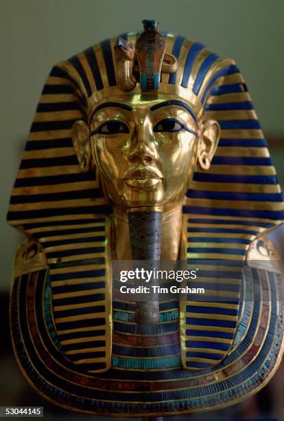 Gold mask of the face of King Tutankhamun in the Cairo Museum in Egypt.