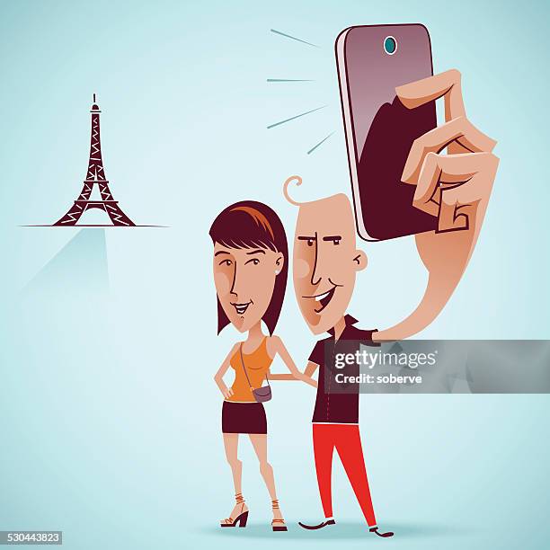 selfie with eiffel tower - eiffel tower souvenir stock illustrations