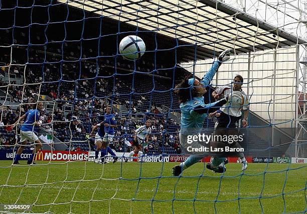 Stephanie Jones of Germany scores the third goal during the UEFA Women's EURO 2005 match between Italy and Germany on June 9, 2005 in Preston, United...