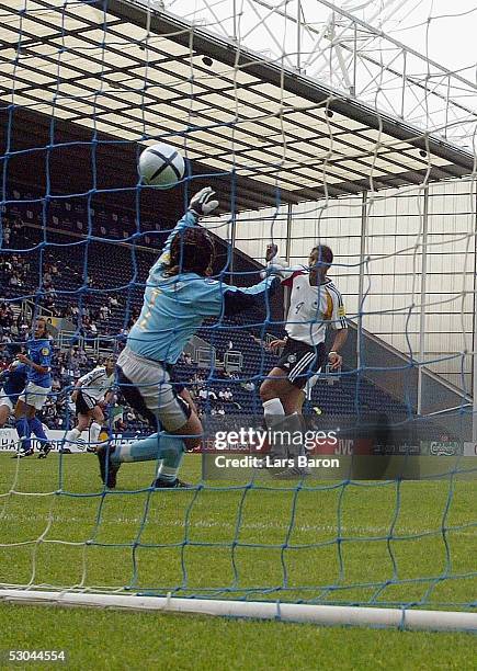 Stephanie Jones from Germany scores the third goal during the UEFA Women's EURO 2005 match between Italy and Germany on June 9, 2005 in Preston,...