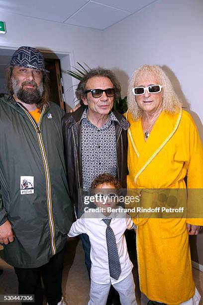 Singer Sebastien Tellier, journalist Philippe Manoeuvre, singer Michel Polnareff and his son Louka attend Michel Polnareff performs at Accor Hotels...