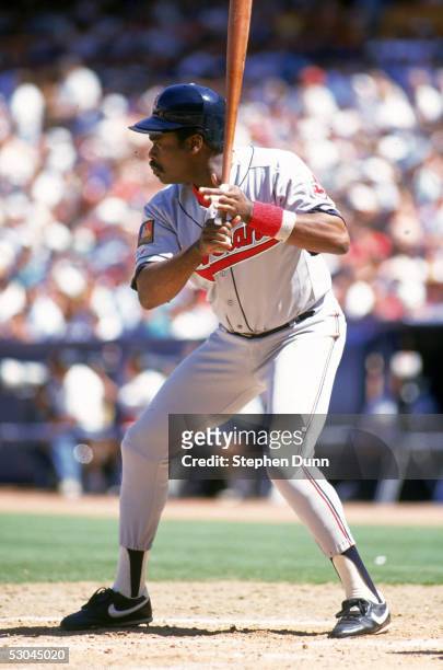 Eddie Murray of the Cleveland Indians stands ready at the plate during a game against the Anaheim Angels at Anaheim Stadium on April 11, 1994 in...