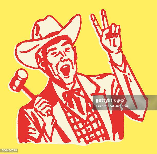 stockillustraties, clipart, cartoons en iconen met western auctioneer with two fingers up and gavel in hand - veiling