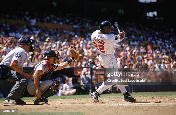 Bo Jackson of the California Angels swings during a game against the Minnesota Twins at Anaheim Stadium on June 8, 1994 in Anaheim, California.