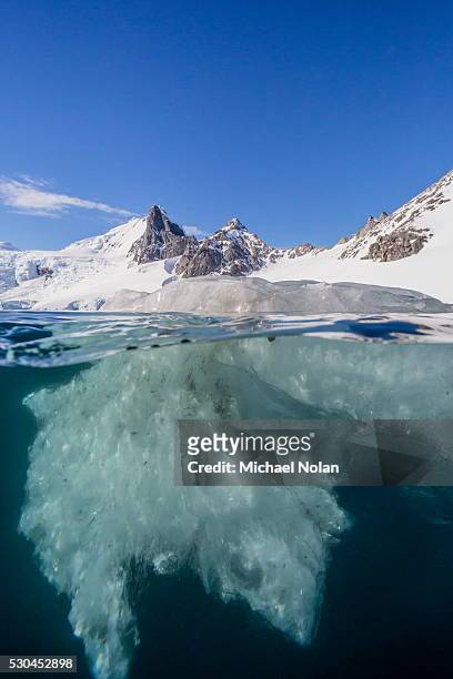 above and below view of glacial ice in orne harbor, antarctica, polar regions - iceberg above and below water stock pictures, royalty-free photos & images