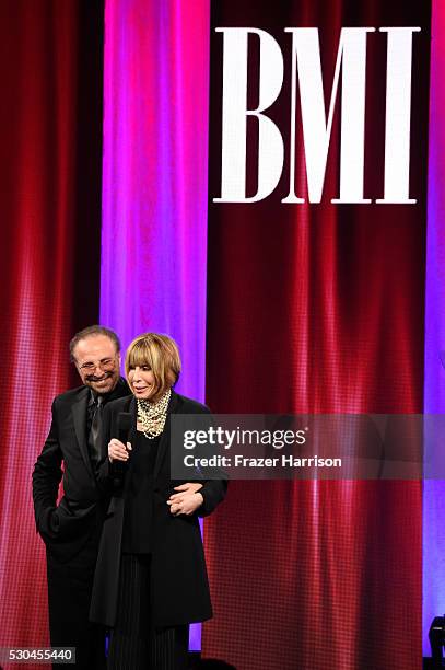 Honorees Barry Mann and Cynthia Weil accept the BMI Icon Award onstage at The 64th Annual BMI Pop Awards, honoring Taylor Swift and songwriting duo...