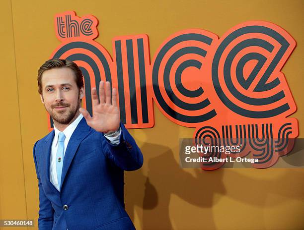 Acto Ryan Gosling arrives for the Premiere Of Warner Bros. Pictures' "The Nice Guys" held at TCL Chinese Theatre on May 10, 2016 in Hollywood,...