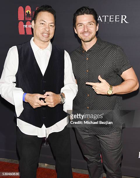 Filmmaker Romeo Antonio and actor Russell Cummings arrive at the "6 Bullets To Hell" Mobile Game Launch Party on May 10, 2016 in Los Angeles,...