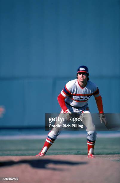 Carlton Fisk of the Chicago White Sox takes a lead during an MLB game at Fenway Park in Boston, Massachusetts. Carlton Fisk played for the Chicago...