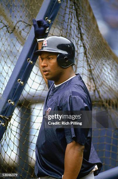 Bo Jackson of the California Angels stands near a batting cage before an MLB game.