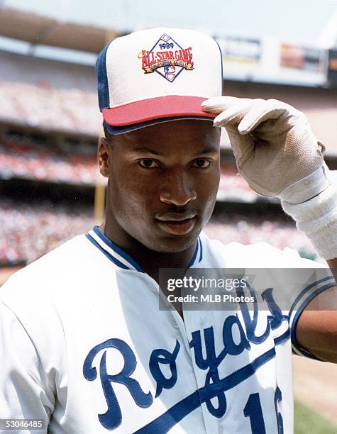 Bo Jackson of the Kansas City Royals tips his hat as he poses for a portrait before the 1989 All-Star Game at Angel Stadium in Anaheim, California.